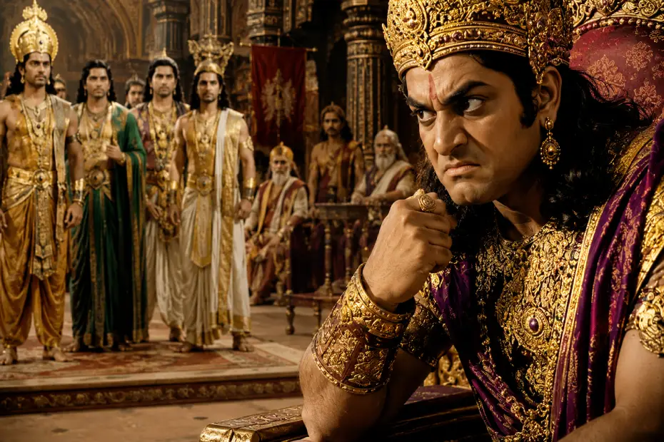 महाभारत में दुर्योधन के लालच और पांडवों के प्रति ईर्ष्या को दर्शाता राजदरबार का दृश्य