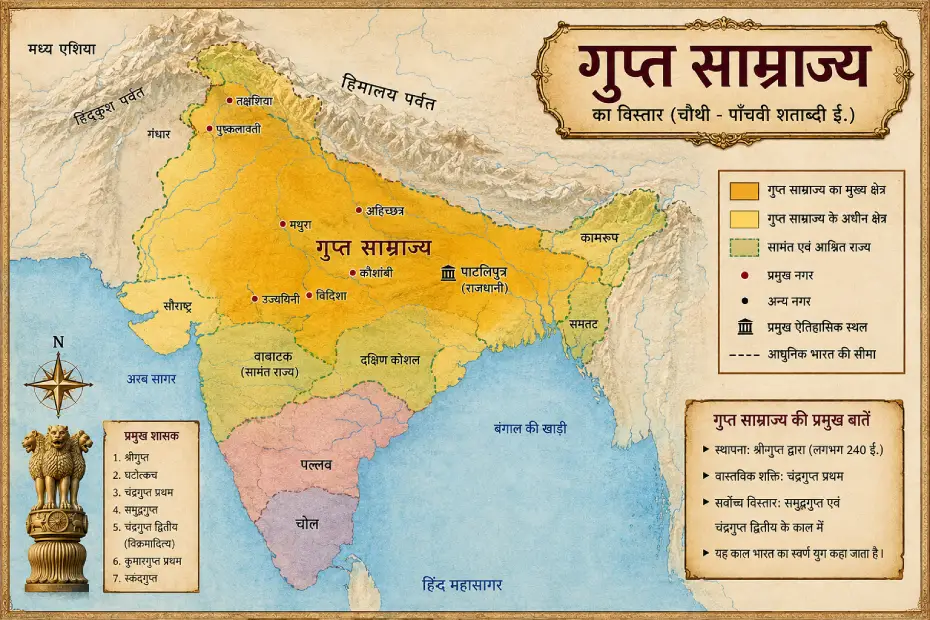 भारत में गुप्त साम्राज्य का विस्तार दर्शाता मानचित्र