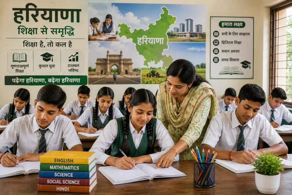 हरियाणा के विद्यालय में पढ़ाई करते छात्र और शिक्षा को बढ़ावा देती आधुनिक कक्षा का दृश्य
