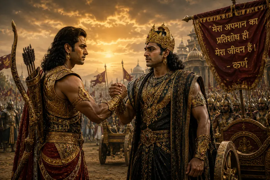महाभारत में कर्ण द्वारा दुर्योधन का साथ देने और पांडवों से प्रतिशोध की भावना को दर्शाता युद्धपूर्व दृश्य