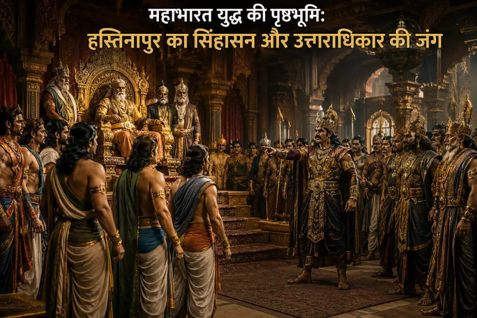 महाभारत युद्ध की पृष्ठभूमि में हस्तिनापुर के सिंहासन के लिए कौरव और पांडवों के बीच उत्तराधिकार की जंग का दृश्य