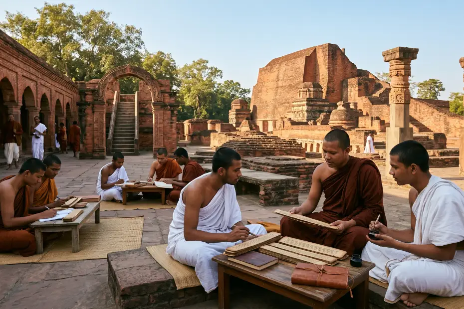 गुप्त काल के नालंदा विश्वविद्यालय में पढ़ते विद्यार्थी